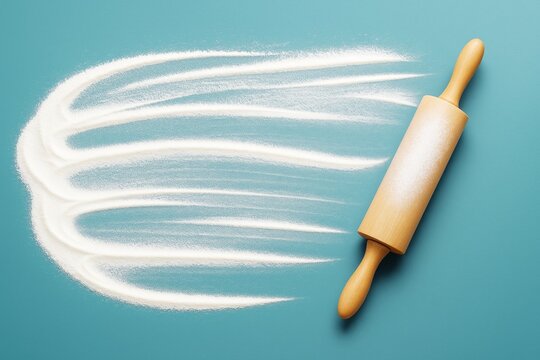 Wooden rolling pin and flour swirl on blue background expressing baking motion concept with light food preparation theme in minimalist style. - Powered by Adobe