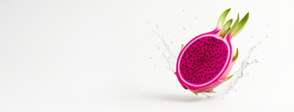 Vibrant pink dragon fruit splash on white background with copyspace for food advertising or health promotion concept template design banner mockup. - Powered by Adobe