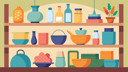 A kitchen with open shelving displaying a mix of colorful ceramic and glass dishes pots and pans and woven baskets for storage.