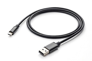 Black usb to micro usb cable isolated on white background, a modern digital accessory for connecting devices, transferring data, and providing power