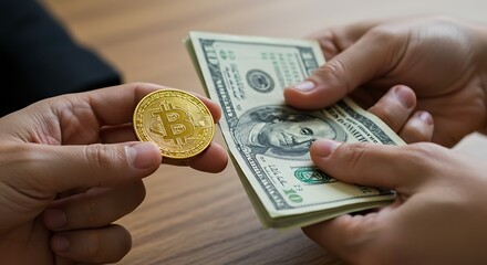 Hands exchanging physical Bitcoin coin for cash bills, symbolic transaction