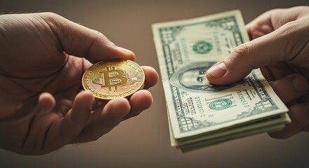 Exchanging Bitcoin token for paper money, concept of cryptocurrency conversion