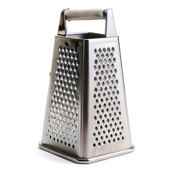 Foursided stainless steel box grater with sharp blades for grating cheese and vegetables, isolated on white background