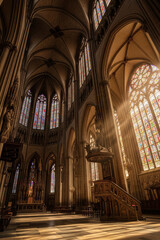 Fototapeta premium Sunlight Streams Through Stained Glass Windows Illuminating the Majestic Gothic Cathedral Interior with Ornate Architectural Details and Vaulted Ceilings