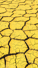 Dry, cracked earth forms a geometric pattern in shades of yellow and brown under bright sunlight. Concept of drought, desertification, arid climate, texture, natural pattern.