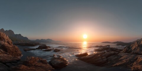 Sunset over rocky coastline hdr panorama 360&deg;
