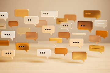 Floating abstract speech bubbles in warm tones on soft wooden surface with light beige background, representing communication concept.
