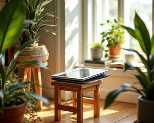 relaxed, tech, peaceful, living, corner, reading, inspiration, cyberspace, sunlight, desktop, shadows, room, atmosphere, stool, compact, notebook, laptop, interior, warm, focus, home, plants, simple, 