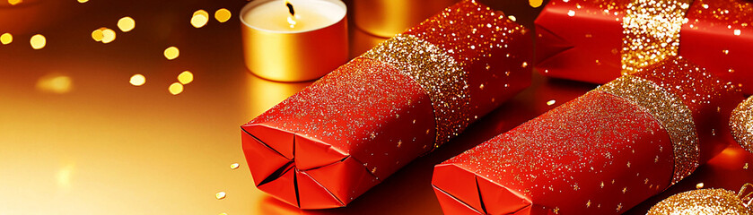 Three red Christmas crackers with gold glitter and ribbons, along with burning candles and bokeh lights. Concept of Christmas crackers, holiday traditions, festive season, celebration, party favors.