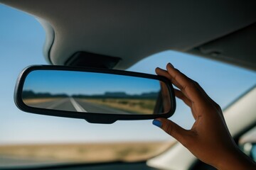 Rearview mirror reflection of empty road with hand adjusting inside car interior
