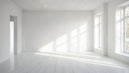 Obraz premium White Scandinavian living room with wooden floor and large windows. Minimalistic and modern design with white walls and curtains. Empty space, symmetrical layout, no furniture or decorations.