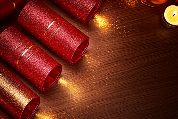 Four red glitter Christmas crackers and a burning candle on a dark wooden surface. Concept of Christmas crackers, holiday traditions, festive season, celebration, party favors.