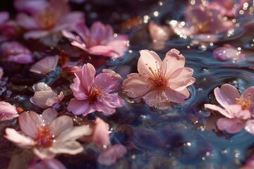 Fallen pink cherry blossoms gently float in dark calm water during springtime