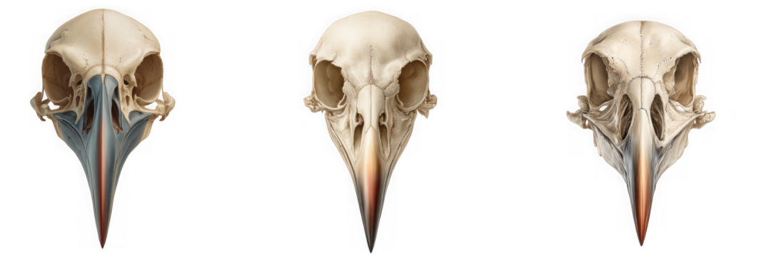 Three bird skulls in a row showing the skeletal structure of the head and beak of different species of birds isolated on transparent background