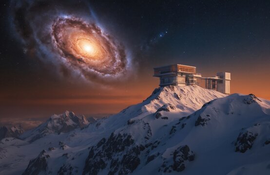 Futuristic white building on rocky mountain peak. Towering trees and bushes surround the structure. Spiral galaxy in clear blue sky with vibrant orange glow at its center.