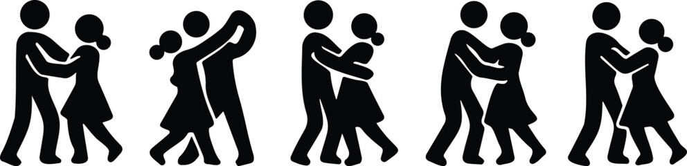 Set of dancing couple stickman silhouettes showing various dance styles, romantic poses, and partner choreography in celebration and performance scenes