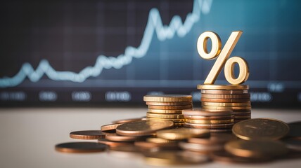 Financial Growth with Percentage Sign: A close-up shot of stacked coins, a golden percentage sign, and a blurred stock chart in the background, which represents concepts of financial growth.