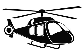 A silhouette of a helicopter with spinning blades and a tail on a white backdrop