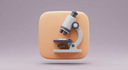 Stylized 3d icon of a microscope on a rounded orange platform against a light purple background