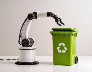 A robotic arm assists in recycling, symbolizing a sustainable, automated future for waste management.