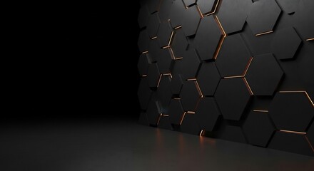 Perspective view of a dark empty room featuring a geometric wall of black hexagons backlit with glowing orange light. Modern tech concept with copy space for product display.