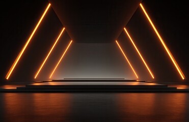Black background with three orange lines, symmetrical composition, dark space-inspired style, metallic texture, LED light effects, stage design, product display platform, and a.
