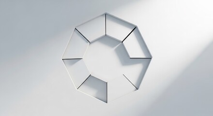 Abstract heptagonal shape composed of separate segments on a clean white background. Minimalist design with strong light and shadow, ideal for business infographics or presentations.