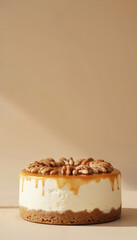 Round cake with golden-brown crust, caramelized sugar topping, delicate nut pattern on gray background. Generous serving, sweet indulgence, tempting dessert, creamy cheesecake, baked delight.