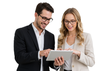 A man in a black suit and glasses smiles at a tablet, while a woman in a beige blazer points at the screen, both engaged in discussion PNG .