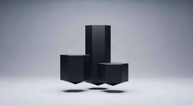 Three black hexagonal pillars float over a minimal grey surface. Abstract 3D render represents a business growth chart, success podium, or modern product pedestal.