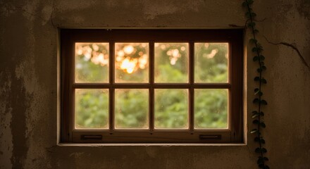 Fototapeta premium A Rustic Wooden Window Framed by Climbing Green Vines Reveals a Sunlit View of Lush Trees on a Warm Afternoon