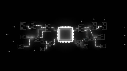 White glowing central processing unit with data streams connected to rectangular data blocks on black background