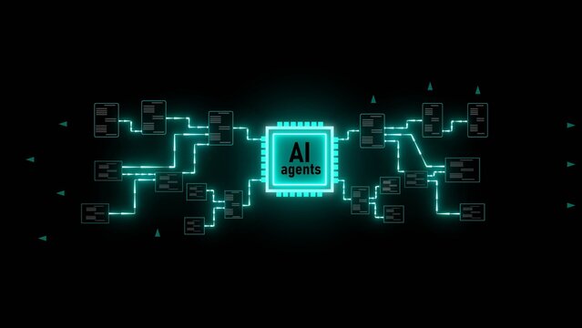 Teal glowing A I agents network digital chip data processing system abstract background image