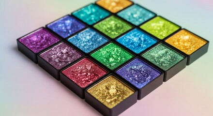 Vibrant and Shimmering Eyeshadow Palette Featuring a Dazzling Array of Colors Arranged in a Chic Diagonal Pattern