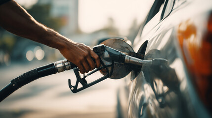 close-up of fuel nozzle inserted into a car tank, blurred background with pastel tones