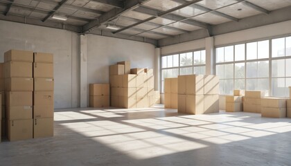 Large industrial warehouse interior with high ceilings, gray walls, and grid of cardboard boxes. Wooden beams overhead, sunlit, casting shadows. Expansive windows allow natural light into facility.