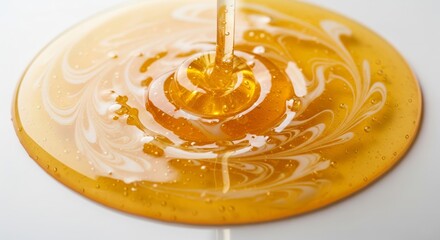 Viscous golden liquid flowing in a circular pattern creating beautiful natural swirling designs on a white background highlighting its sweet and natural properties