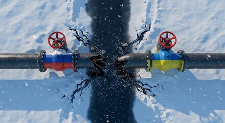Naklejka premium Russian Ukrainian gas pipeline rupture symbolizes energy crisis and geopolitical tension in winter.