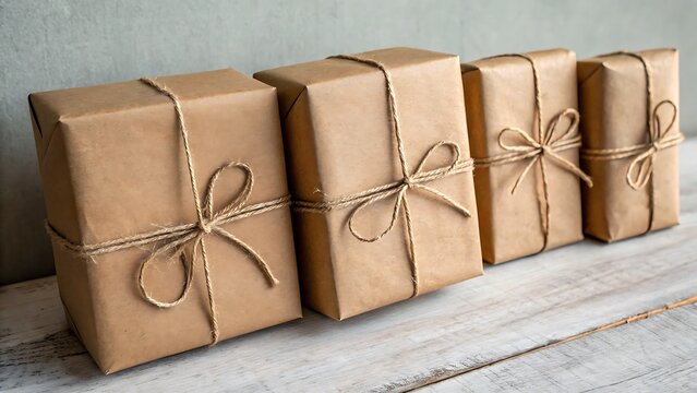 Brown Paper Parcels with String Ties on Rustic Wood, Minimalist Package Aesthetic Presentation.