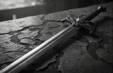 Black, white image of sword with sharp blade on rough stone surface. Central figure in image, metal sword stands out against backdrop. Sword handle made of metal, gold silver, with sharp edge,