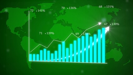 Cyan Bar Graph Showing Growth Over World Map Background Green Dotted Map Data Visualization Financial Chart Percentage Increase Statistics Business Analytics