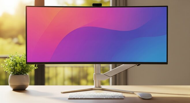 Ultra Wide Computer Monitor Mounted on an Adjustable Stand Displaying a Vibrant Abstract Gradient Background on a Desk with a Keyboard and Mouse