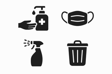 Market Safety Icon Set – Sanitizer, Face Mask, Spray Bottle, Trash Bin