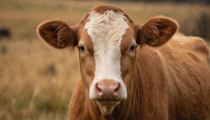 Brown and white cow stands in field, angled towards viewer. Cow head turned left, giving gentle, curious gaze. Field background features gray grass, trees, and fence.