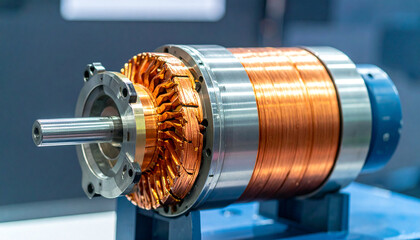 Electric Motor's Detailed Display: An up-close look at an electric motor's complex and gleaming internal mechanics, featuring precise copper wiring and intricate components.