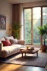 Fototapeta premium Abstract blurred living room setting, subtle color tones, pattern, shadow, peaceful