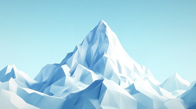 A low poly illustration of a snow covered mountain range against a clear light blue sky background