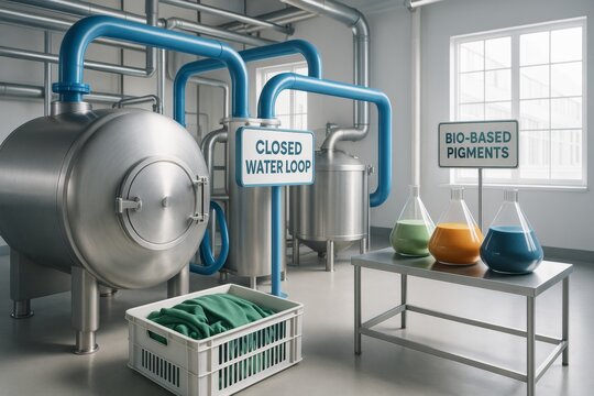 Sustainable textile dyeing lab with closed water loop system and bio-based pigments in light industrial background, promoting eco innovation.. Ai generative