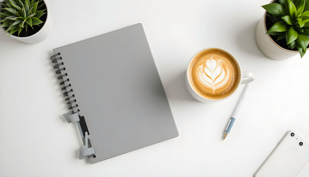 Minimal Workspace with Notebook, Coffee, and Smartphone on White Desk
