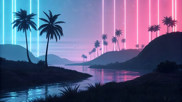 Neon Ocean and Palm Trees: A Synthwave and Retrowave Seascape